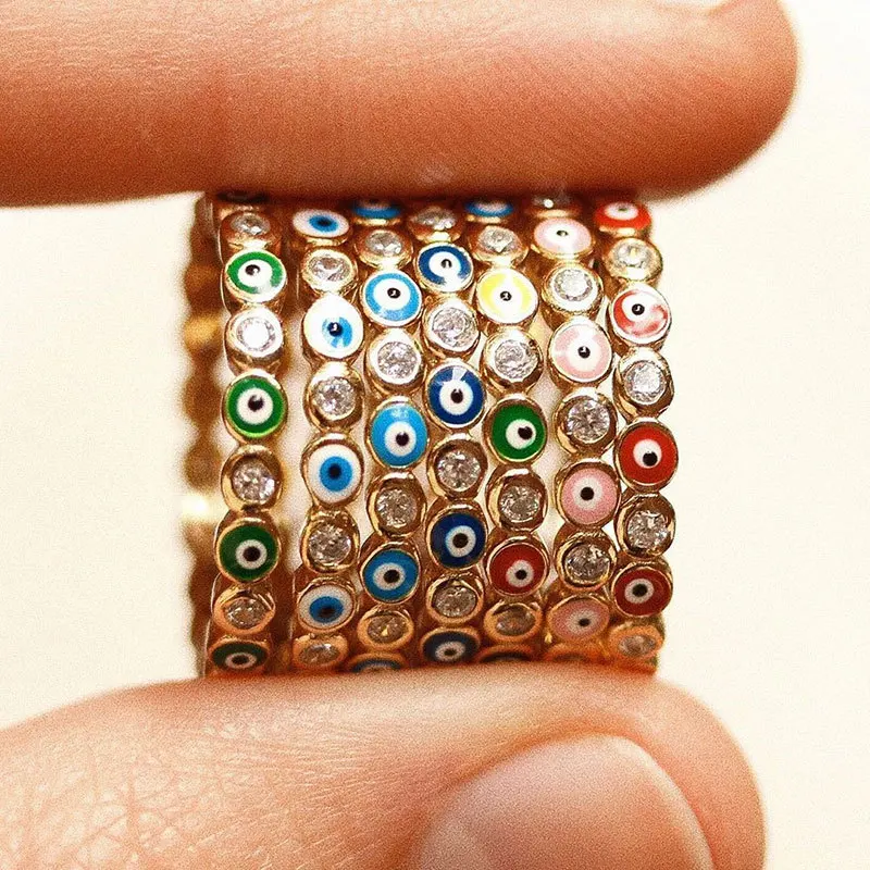 

European Hot Sale Colorful Enamel Devil Eyes Vintage Ring Micro Inlay Iced Out CZ Oil Drop Evil Eyes Finger Rings Women