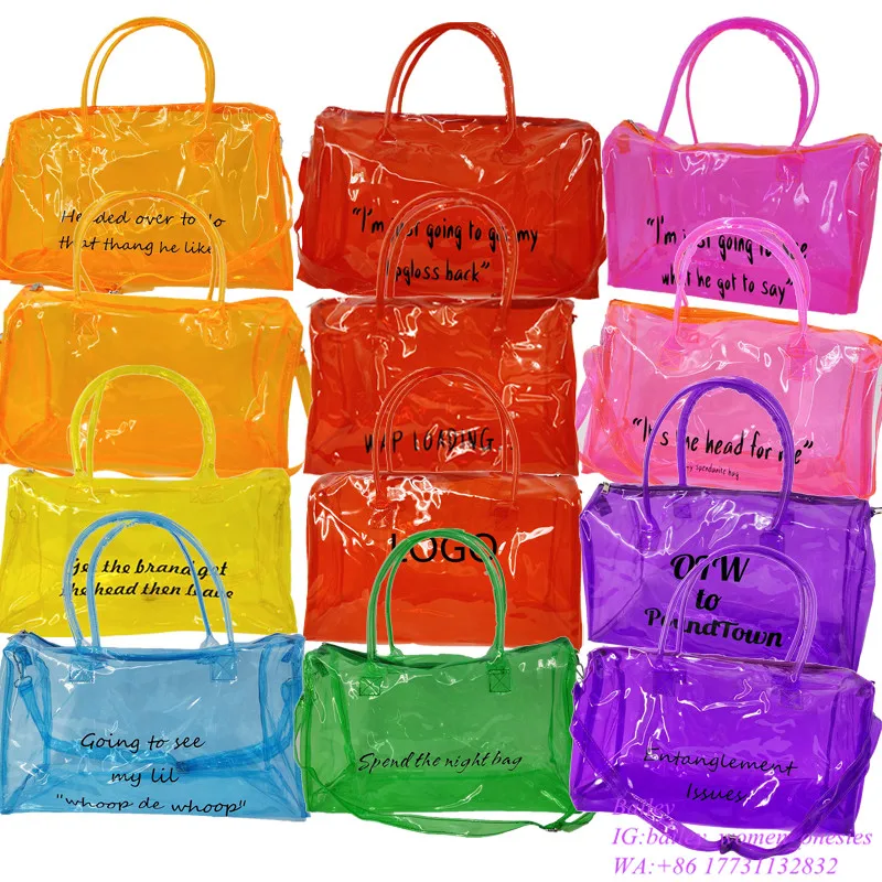 

womens customized travel waterproof colorful transparent duffle bag pvc clear jelly duffle bags, Customized color