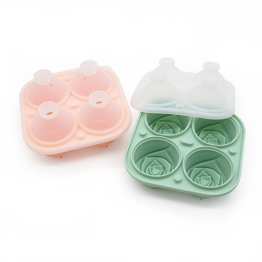 

Hot Sale Reusable Non-Stick Round Rose Ice Ball Maker Silicone Ice Cube Trays Molds with Lids Resistant Removable Cover