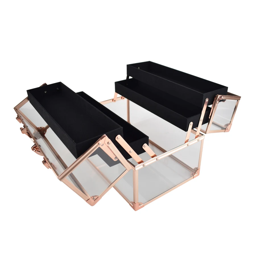 
Factory Hot Sale Double Open Rose Gold Beauty Transparent Box Professional Acrylic Cosmetic Case with 4 tray box 
