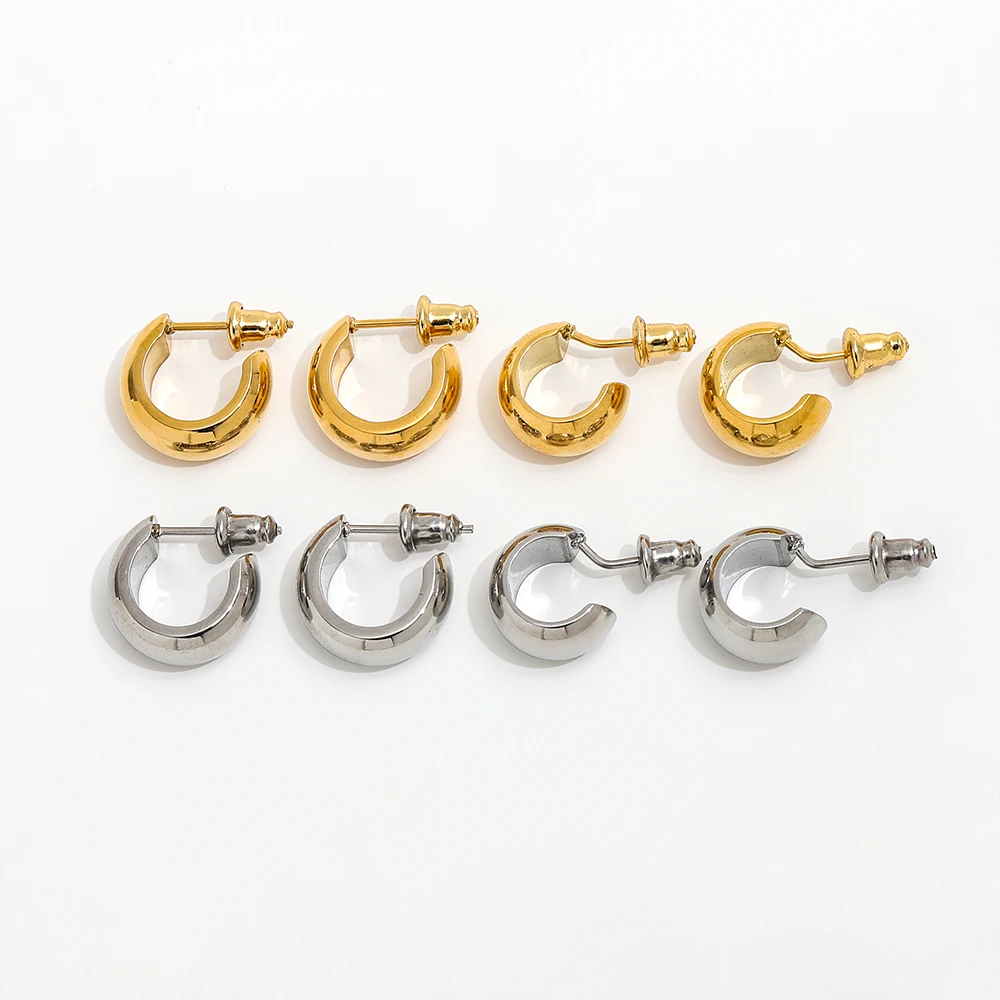 JOOLIM  High End 18K Gold Plated Shiny Basic  Surface C Chunky Hoop Earrings Jewelry Stainless Steel for Women