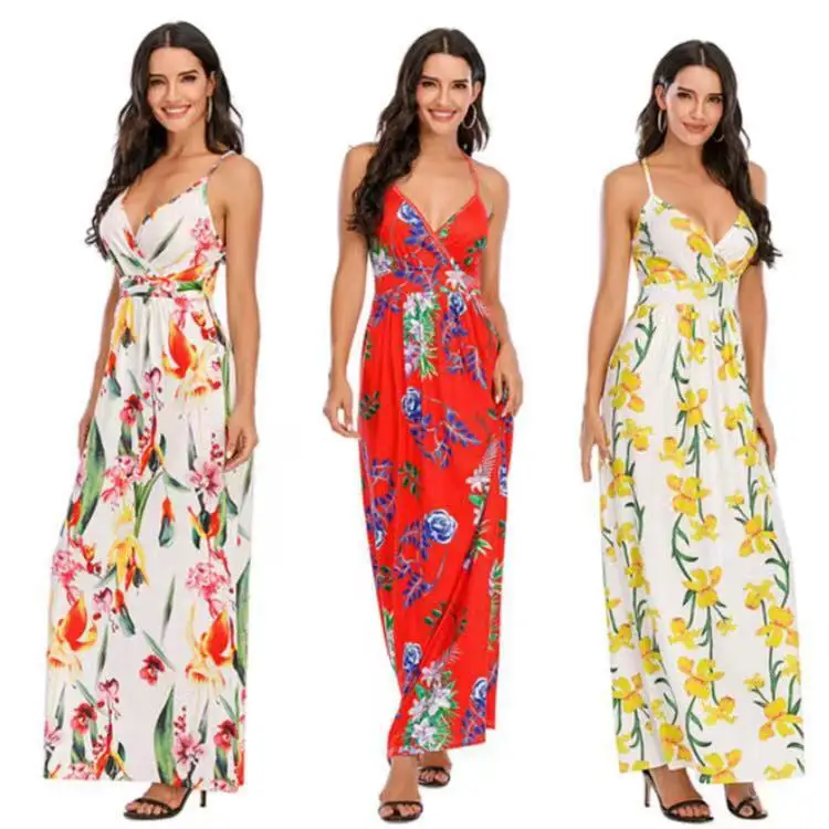 

2021 Summer New Sling Printed Beach Dress Long Skirt