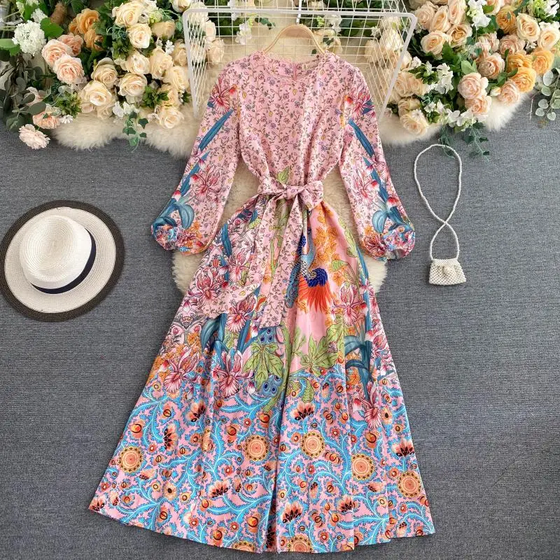 

Women Wholesale 2020 Plus Size Cotton Spring Maxi Printed Dresses Puff Sleeve Lace up Loose Long dress