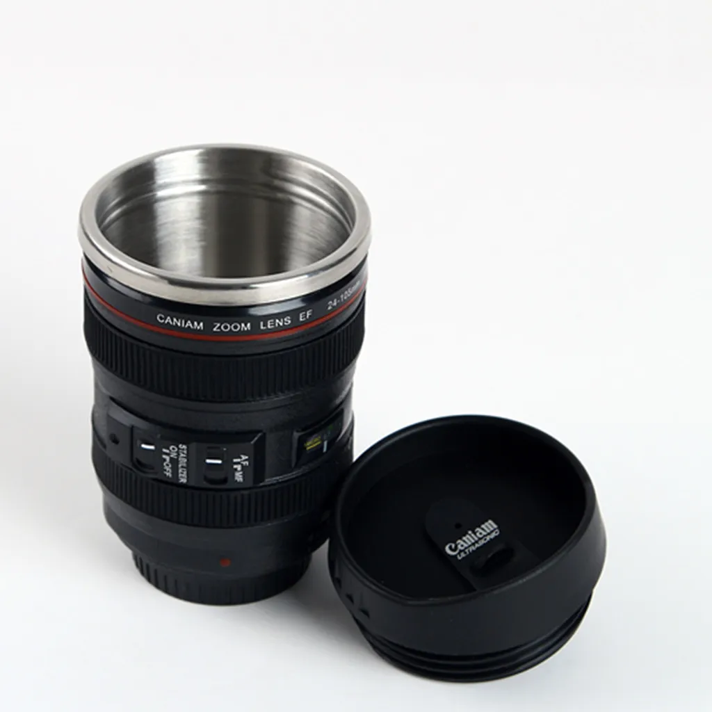 

Christmas Gifts Wall Stainless Steel reusable Creative SLR camera lens coffee cup, White/black