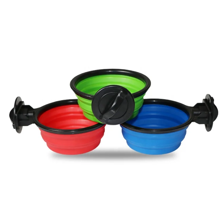 

Secure pet bowl foldable silicone travel dog medium portable water cat feeder hanging cage adjustable pet accessories bowl, Red yellow blue black pink green orange white purple l/blue l/green