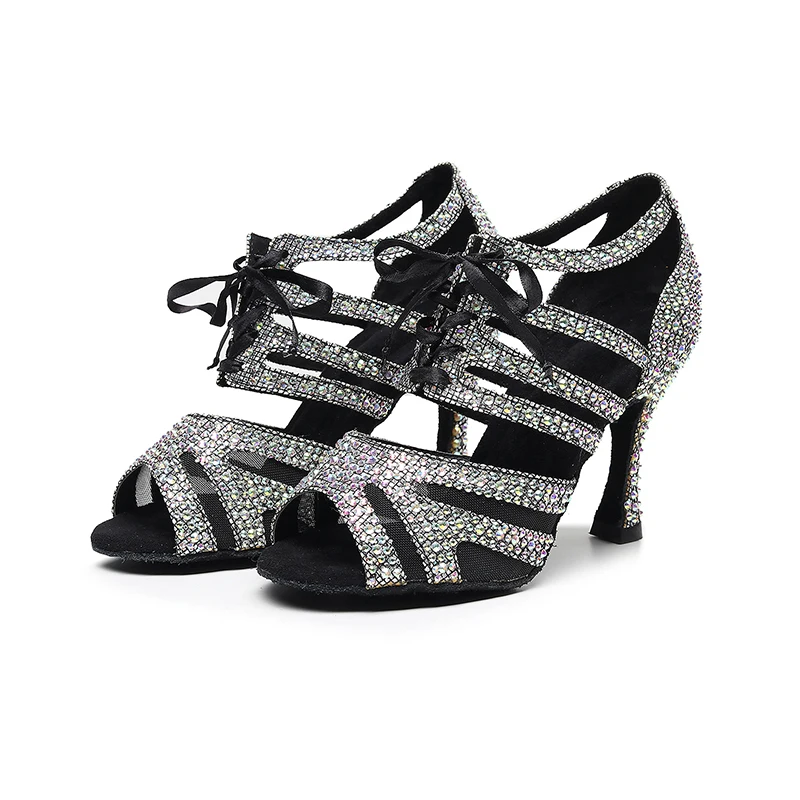 

Rhinestones Sandals high heel salsa Latin women ballroom shoes black genuine leather dance shoes