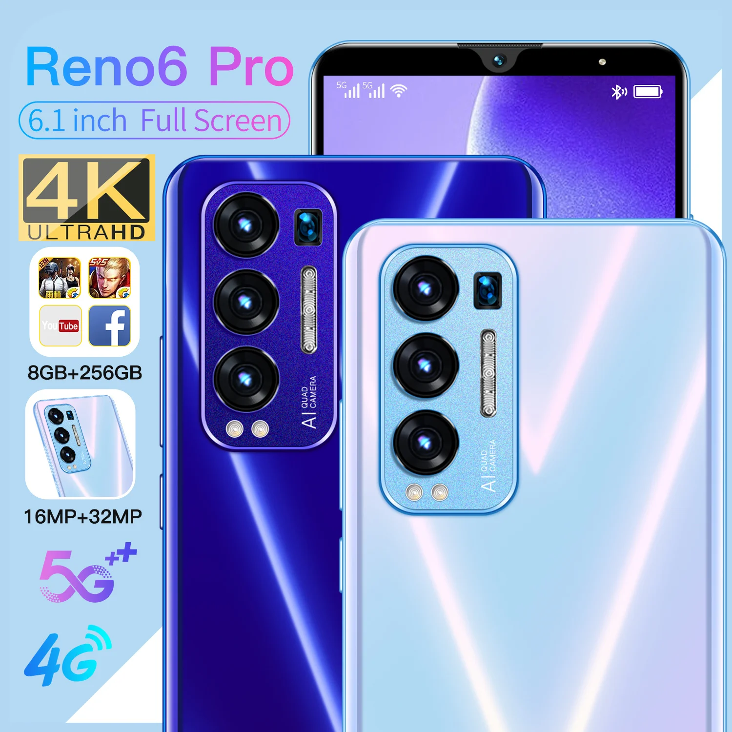 

Global version Reno6Pro telefon 5G mobiles 6.1 inch 8+256GB 16+32MP dual sim cep telefonu smart phones mobile android