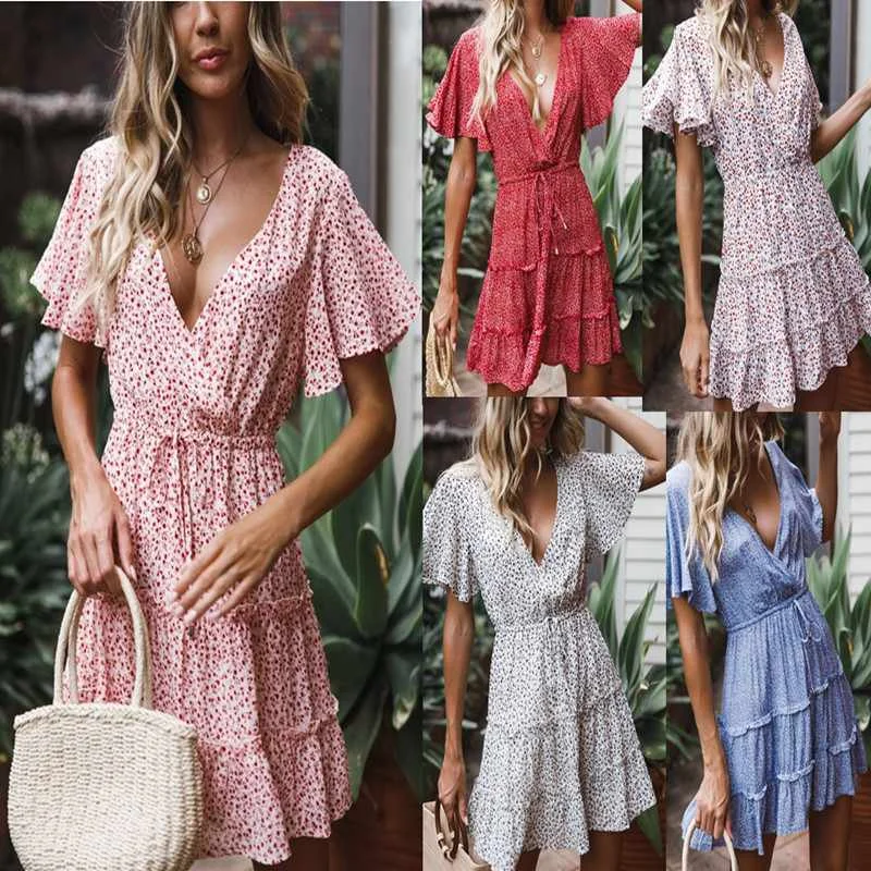 

European And American Women's Short-sleeved V-neck Printed Lace-up Waist Dress, Picture color