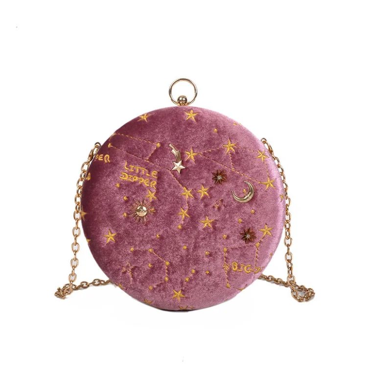 

Fashion Starry sky Circular Suede Shoulder Bag Chain belt Crossbody Messenger Bags Ladies Purse Round Handbag, Blue,pink,black
