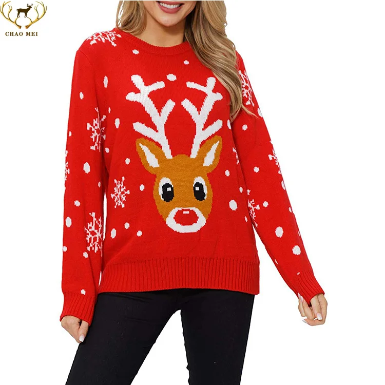 

High Quality Crew Neck Knitted Jacquard Patterns Women Christmas Sweater