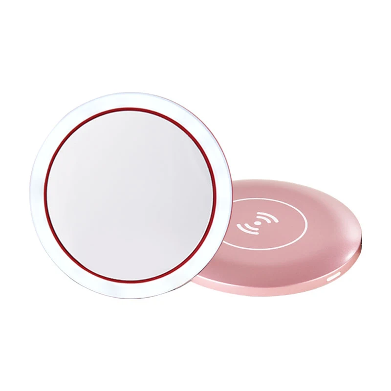 

Portable LED Lighted Mini Circular Compact Travel Sensing Lighting Cosmetic Mirror Wireless USB Charging makeup mirror, Red/rose gold