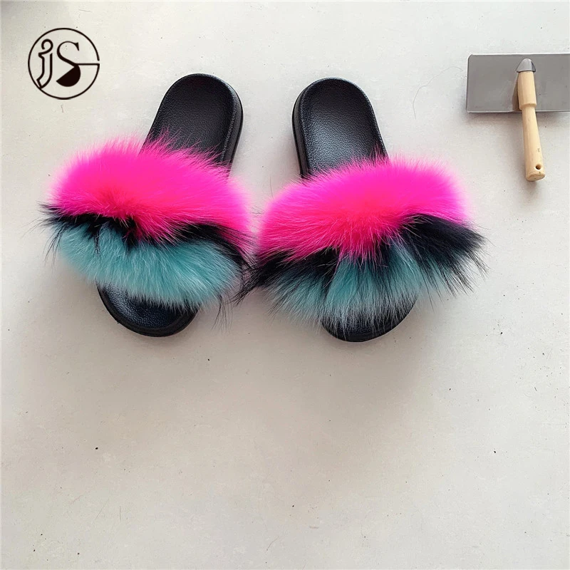

Hot Sales Custom Various Styles fur slides plush Luxury women slides 100% Real Fox Colorful furry slippers 2021, Picture