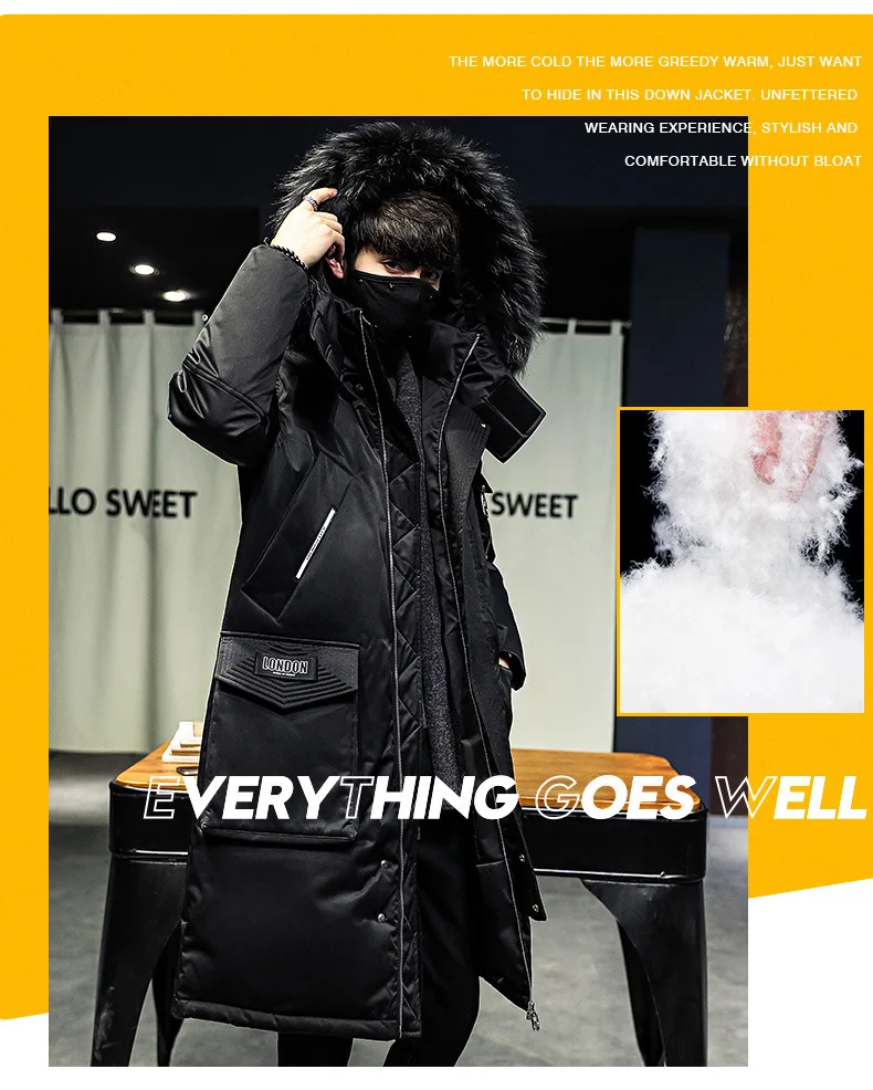 Japanese Long Black Down Jacket Coat Men Fur Parka Winter Long Trench Coat For Men