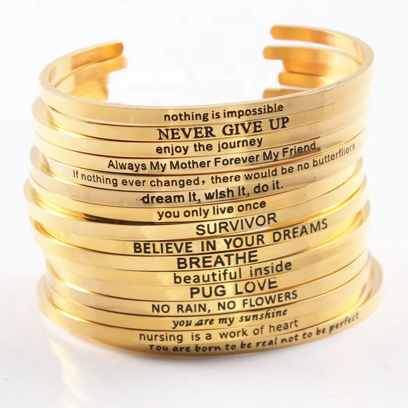 

Wholesale Custom Inspirational Quote Engraved Couple Bracelets Bangles Gold Plated Stainless Steel Cuff Bracelets for Girls