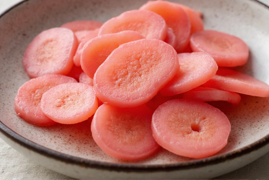 Close-up of pink pickled ginger slices on traditional Japanese ceramic plate showing texture and color