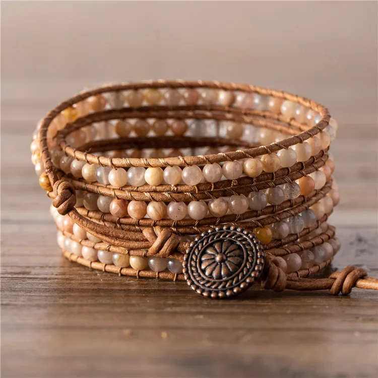 

BOHO Sun stone beaded leather wrap bracelet for women and men