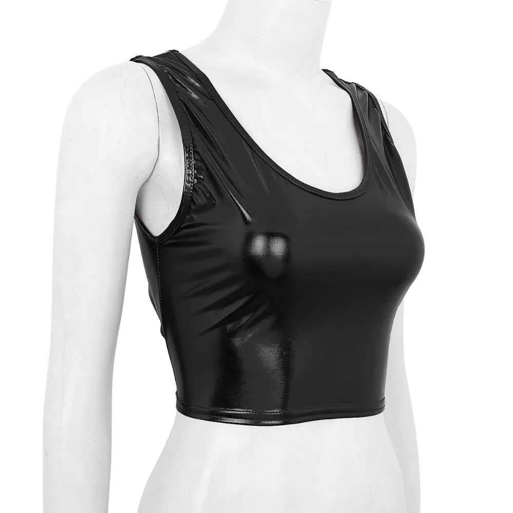 黑色金属胸罩闪亮作物顶部舞蹈俱乐部穿金属勺颈部坦克背心作物上衣