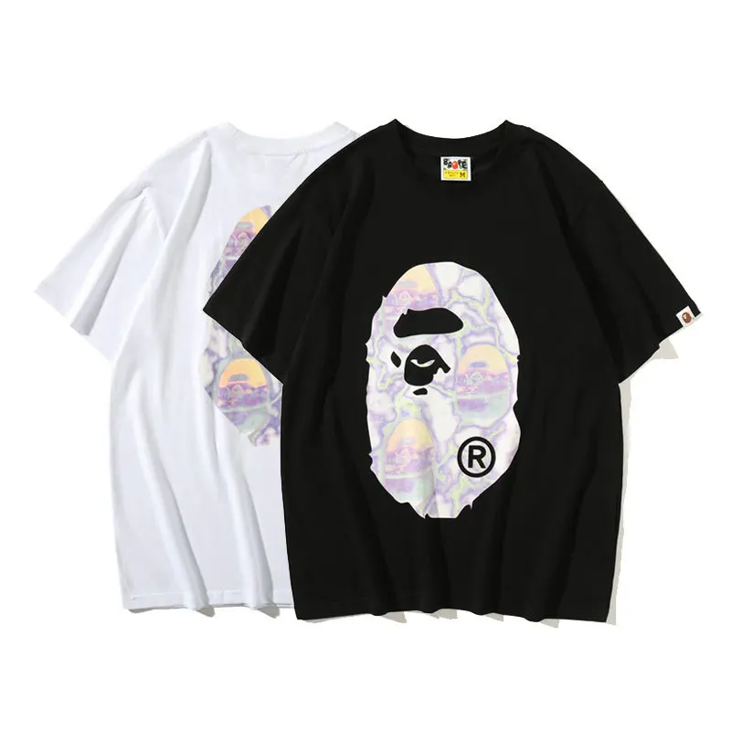 

2021 new summer bape head phantom color lightning T-shirt cartoon tops hip-hop casual loose short-sleeved men tee, White black