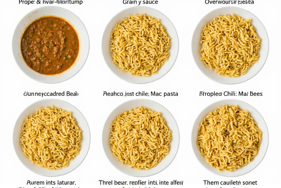 Comparison of properly made green chili mac versus common mistakes showing grainy sauce, overcooked pasta, and improper chili incorporation