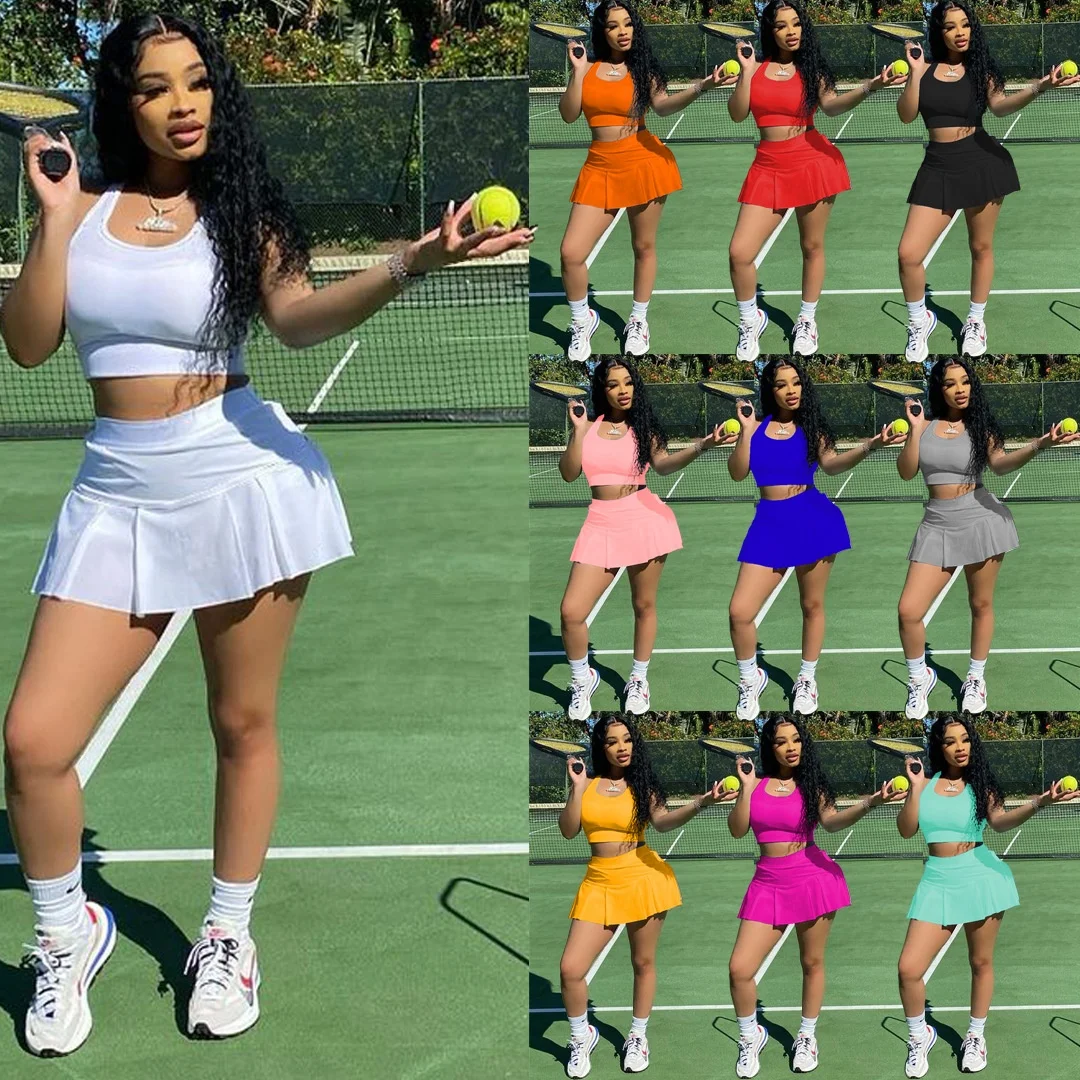 

XLL-fashionable pleated crop top u neck sports tennis women two piece short set wrap skirt, As picture or customized color