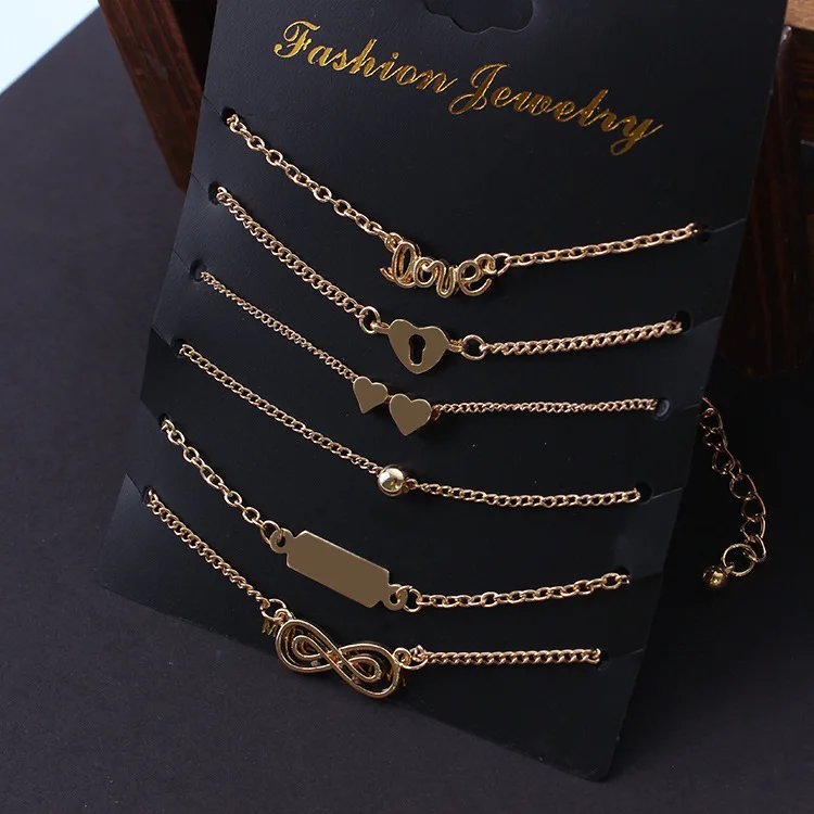 

Wholesale New Fashion Design Gold Plated Chain Ankle Bracelet Love Heart Foot Chain Infinity Anklets Set For Women