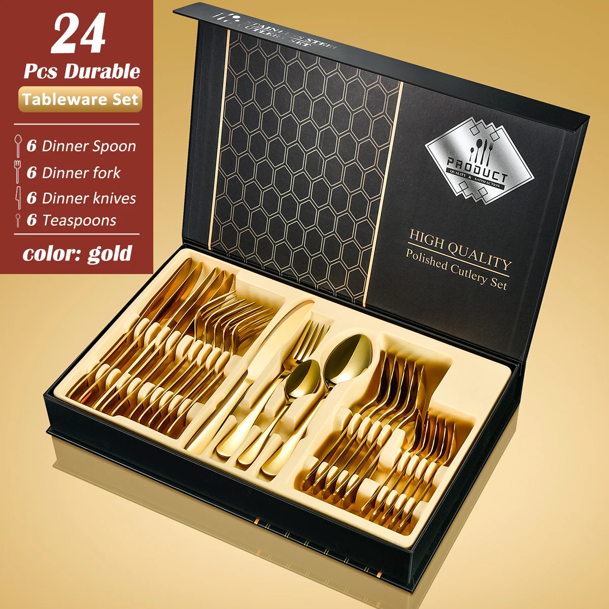 

Luxury Wedding Reusable Knife Spoon Fork Silverware Royal Stainless Steel Silver Flatware Gold Cutlery Set With Gift Box, Silver, gold, rose gold, colorful, black, customizable