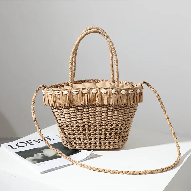 

Wheat Woven Straw Basket Bags Knitted Rattan Summer Beach Ladies Straw Bags/, Coffee