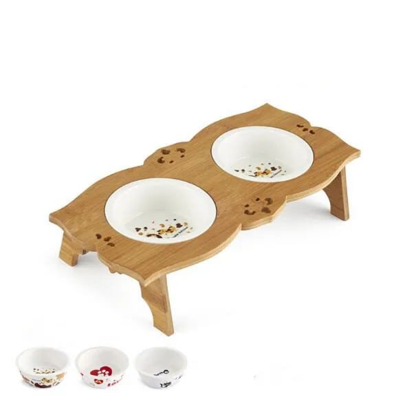 

Best Selling Printing Food Grade Ceramic Dual Pet Feeding Bowl Dogs Bowl Wooden Feeding Stands, White