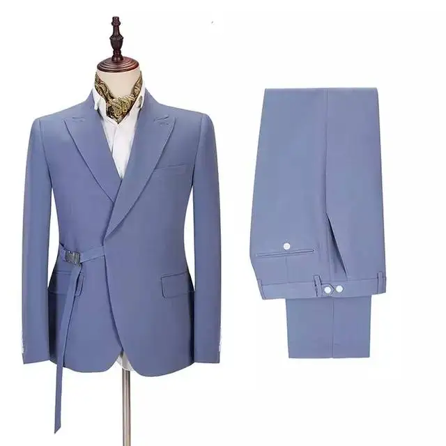 

Latest Design Light Blue Men Suits Belt Peaked Lapel Fashion Costume Homme Wedding Prom Terno Masculino Groom Blazer 2 Pieces, Custom made