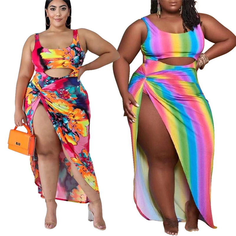

XL- 5XL Plus Size Bathing Suits Sexy Hollow Out Two Piece Swimsuit Digital Printed Beach Wear Women Swimwear, As picture