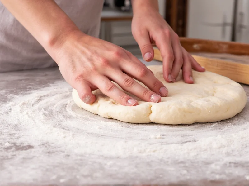 Hands shaping yeast-free pizza dough on floured surface
