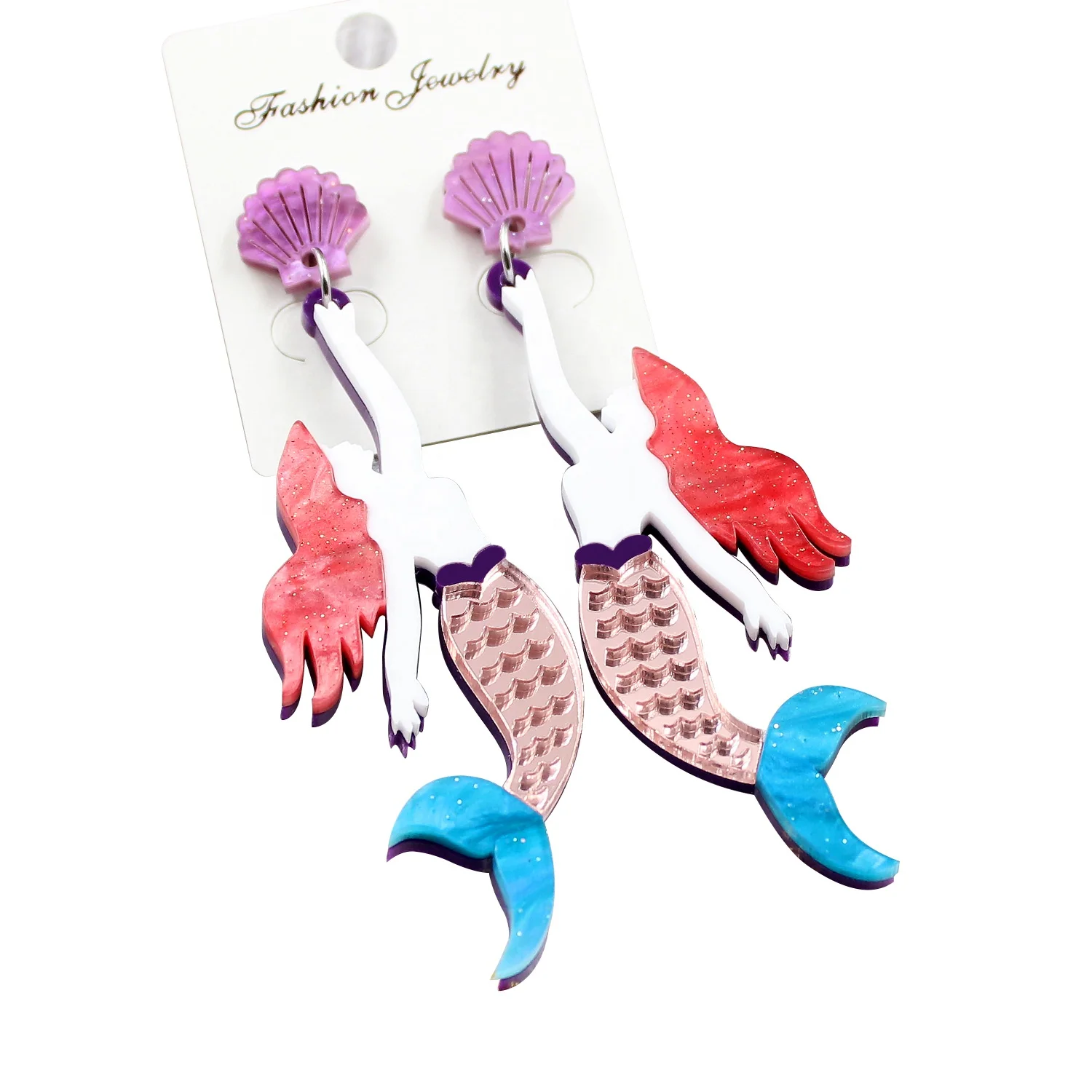 

HP052 Acrylic mermaid Dangle Earrings Galaxy Shell Rainbow Acrylic Earrings, Picture