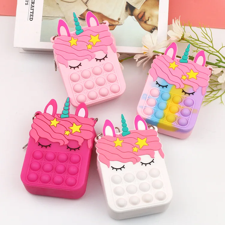 

2021 Kids Soft Silicone Push Bubble Poppet Crossbody Hand Money Bag Kid Unicorn Fidget Toy Push Squeeze Coin Purse For Girls, Customized color