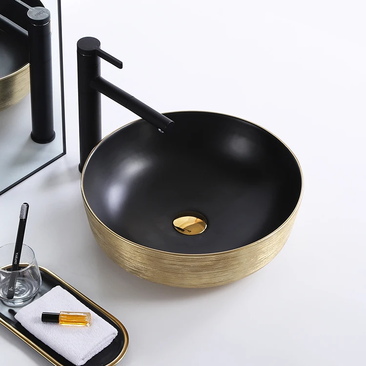 Hotel luxury sanitary ware round gold black counter top basin ceramic sink bathroom wash hand basin supplier