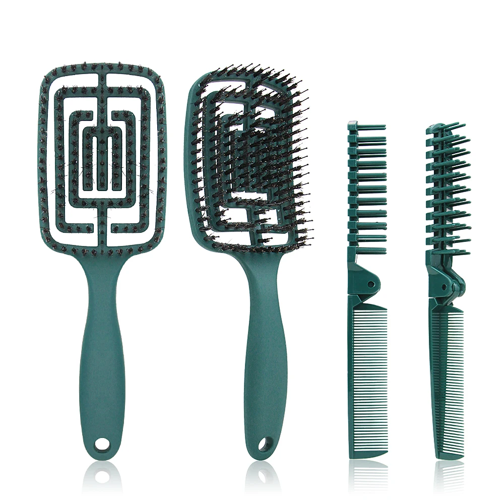 

New Products Green Rubberized Finish Massage Boar Bristle Hair Brush Vent Comb Portable Foldable Hair Comb Set