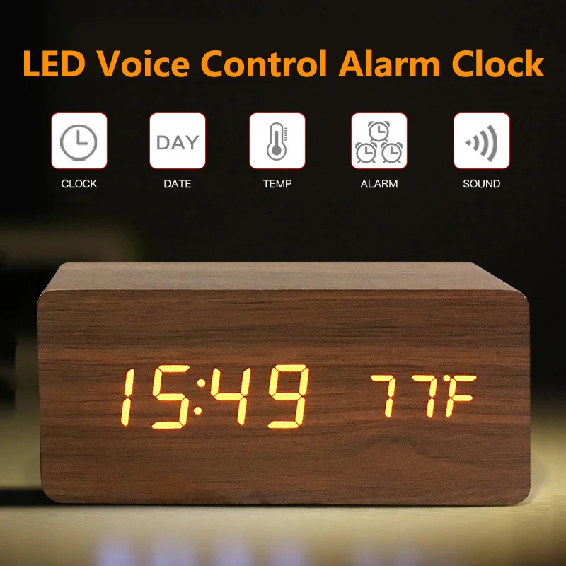 

Wooden Digital LED Alarm Voice Control USB/Starlights Powered Electronic Table Clock Multifunction Temperature Desk Watch Decor, White,green,red