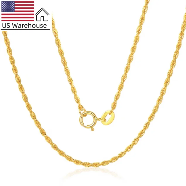 

USA Stock Freeshipping 1.7mm 16inch AU750 18k Real Pure Gold Twisted Rope Chain Necklace Women Men