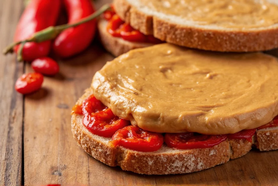 Close-up showing creamy peanut butter swirls integrating with rich red chili