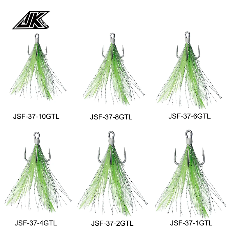 

JK JSF-37-GTL High Carbon Steel 3X Strong Treble Hooks with Feather Barbs Anchor Luminous Fishing Hooks