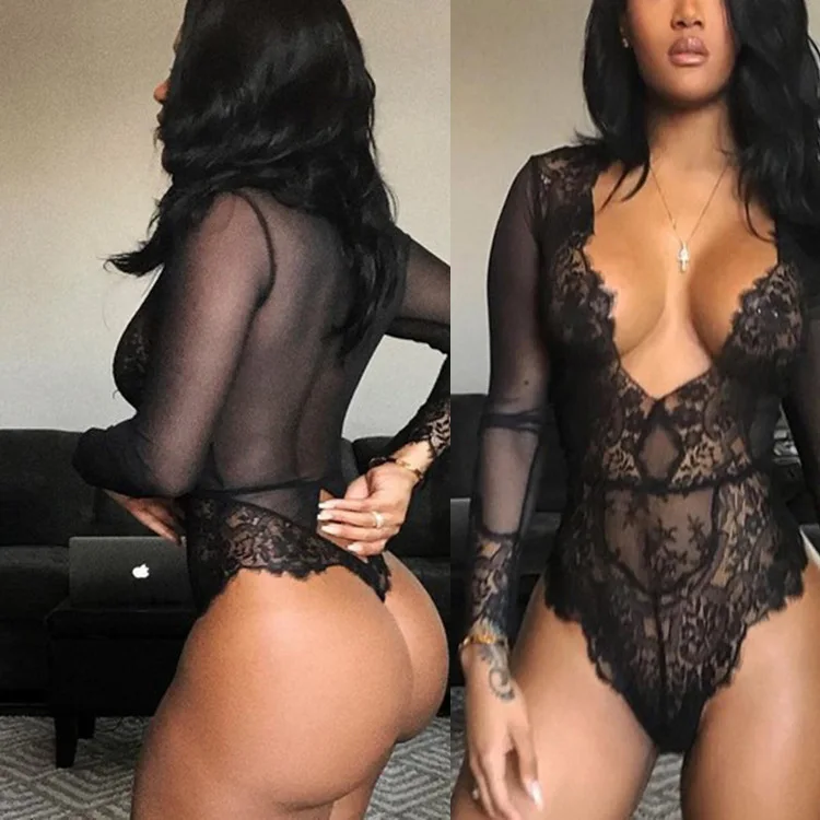 

BELLEGIRL New Style Wholesale Sexy Lingerie Set Black Lace Long Sleeve Plus Size Women Sexy Hot Black Lace Sheer Lingerie