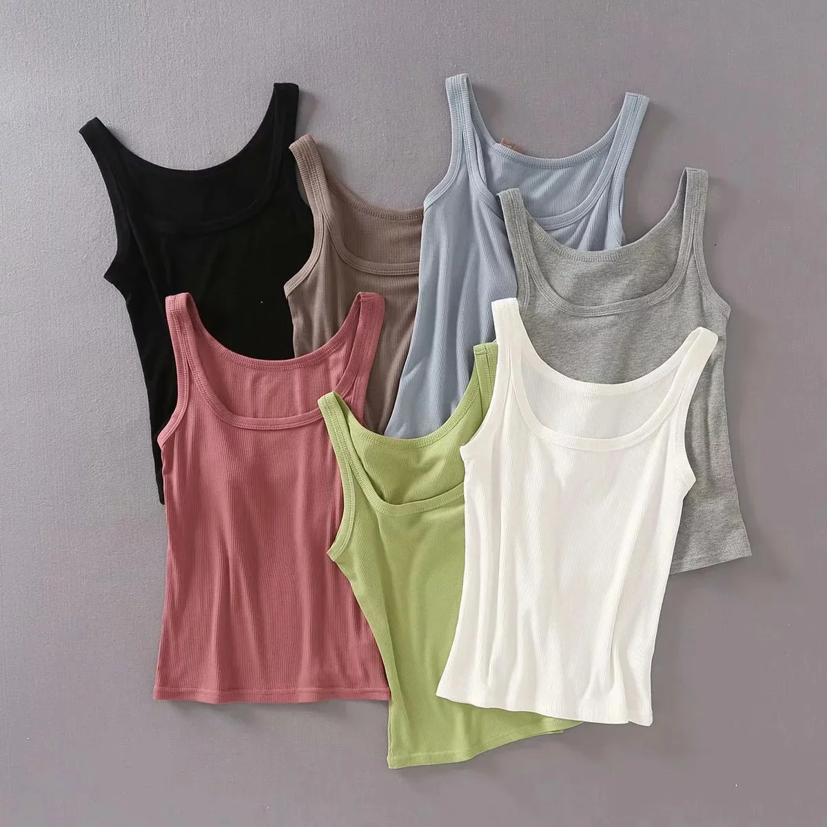 

Custom Women's Ins Solid Ribbed Breathable U-neck Halter Vest Tank Tops, Picture