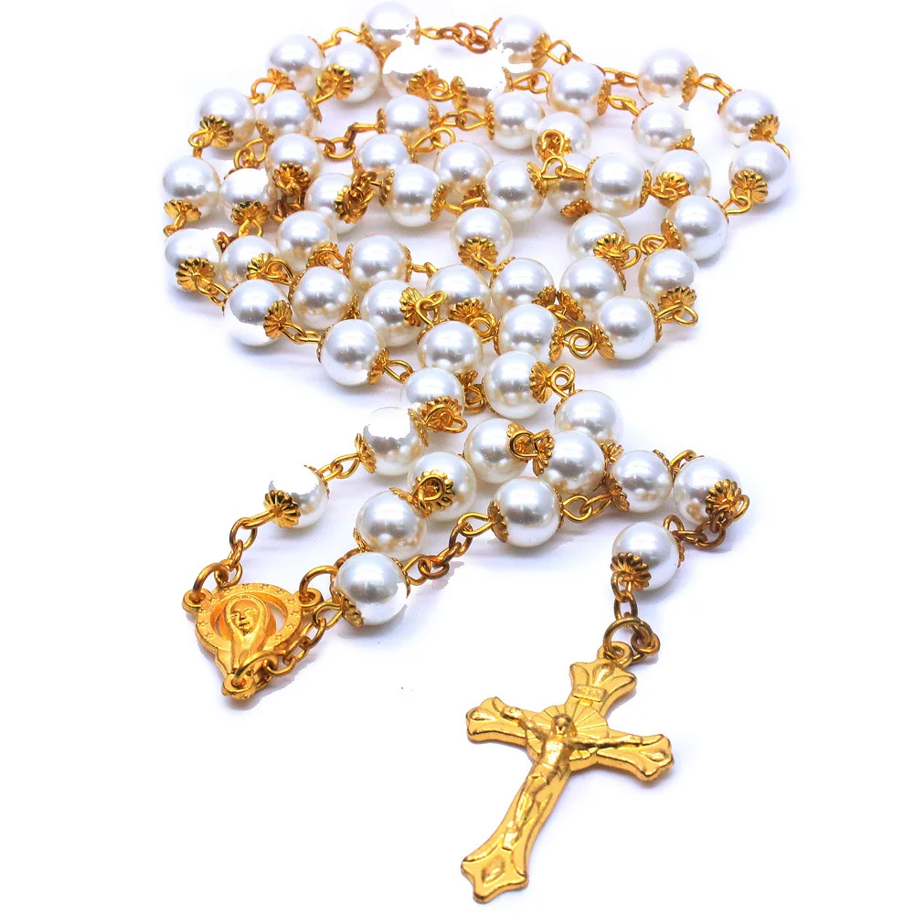 

White Pearl Prayer Beads Rosary Necklace Gold Virgin Mary Pendant Jesus Cross Necklace for Christian Religion