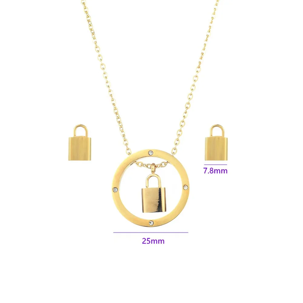 

Qings Fashion Stainless Steel 18k Gold Plated chain padlock jewelry necklace set