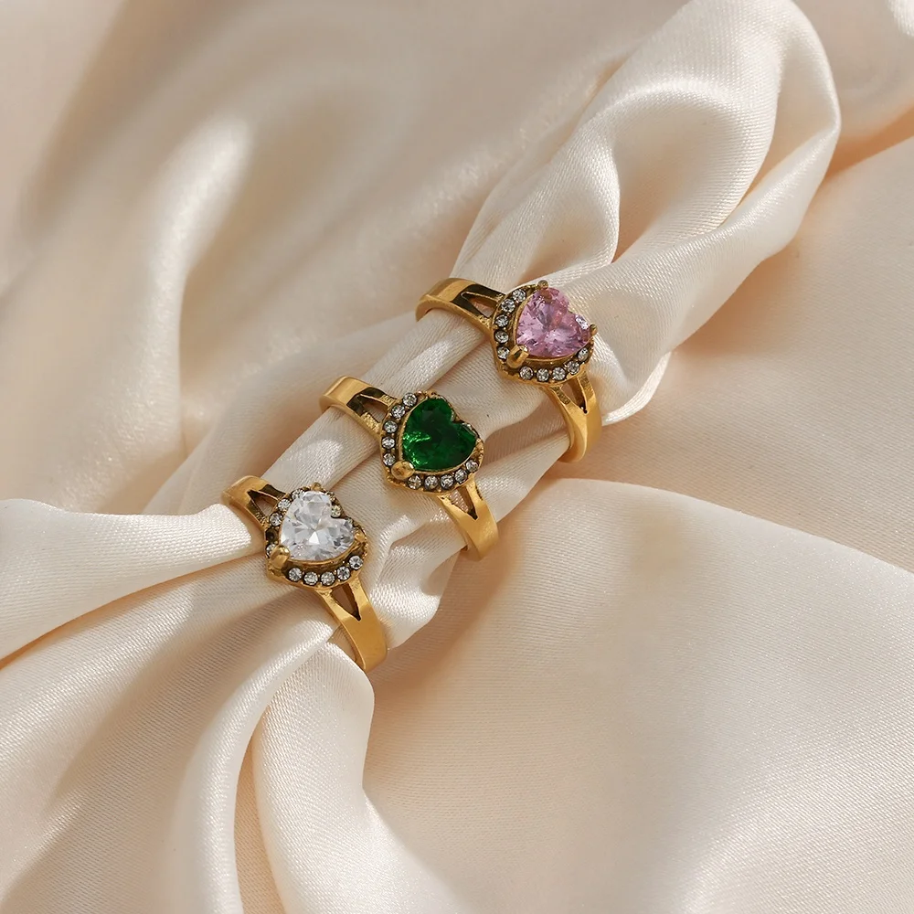 

Colorful Summer Hot Rings Gold Plated Stainless Steel Dainty Rings Heart Shaped Rings, Pink, green, white