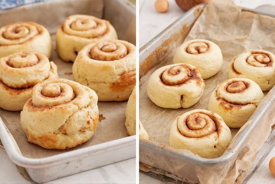 Close-up side angle photo showing detailed cinnamon roll swirl pattern with visible cinnamon layers and cream cheese icing seeping into crevices
