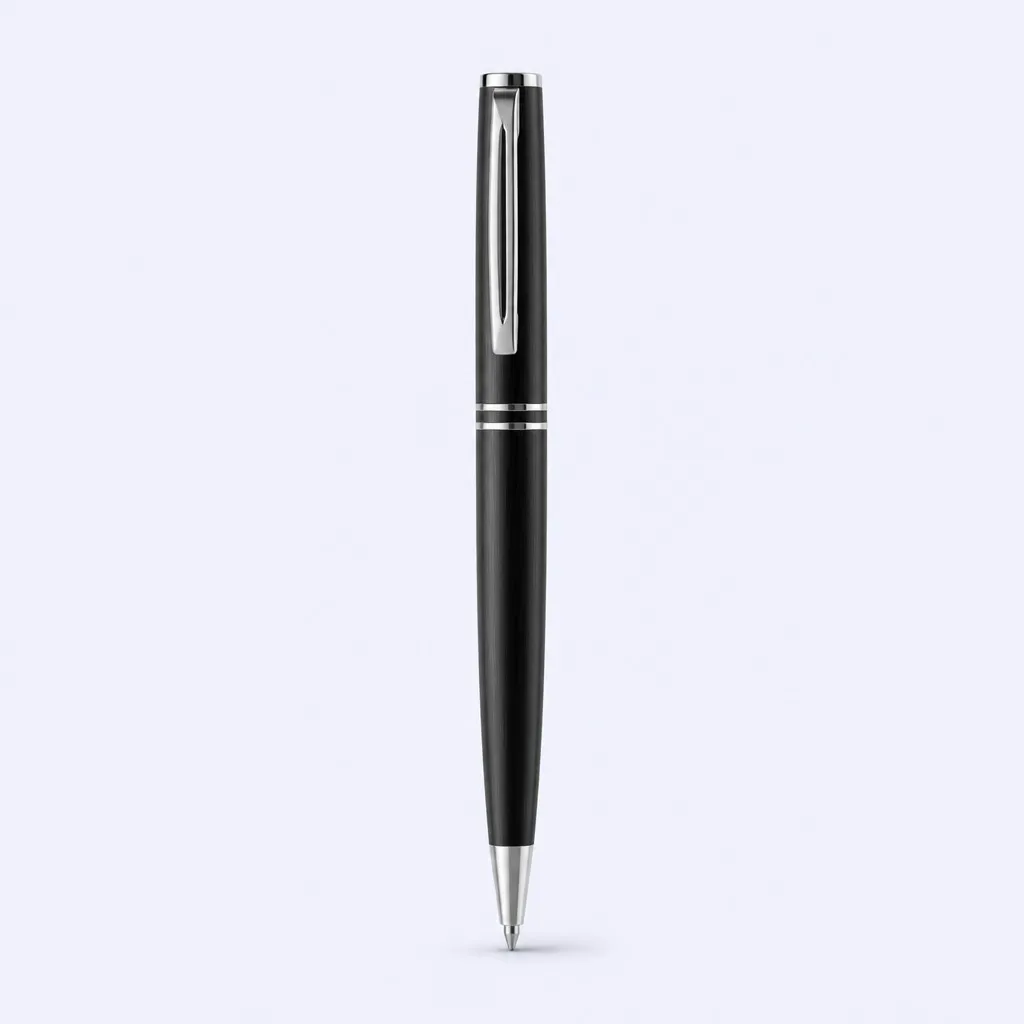 Matte black minimalist ballpoint pen with polished chrome clip and twin rings