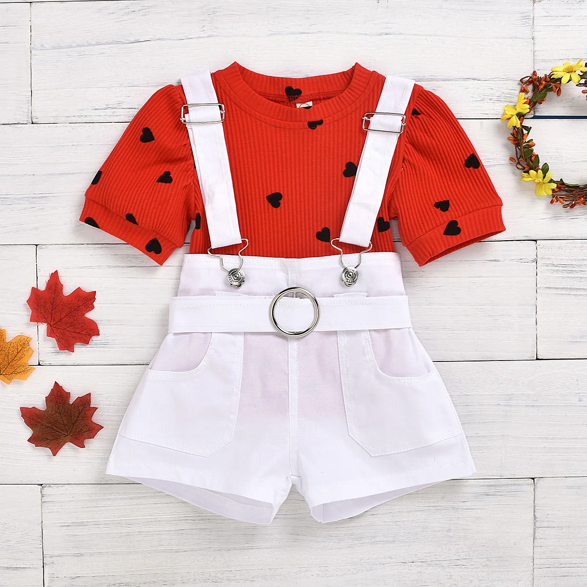 

Omfortable Breathable Girls Kid Clothes Cotton Red Stripe Tops White Double Shoulders Suspenders Shorts 2 Pcs Set