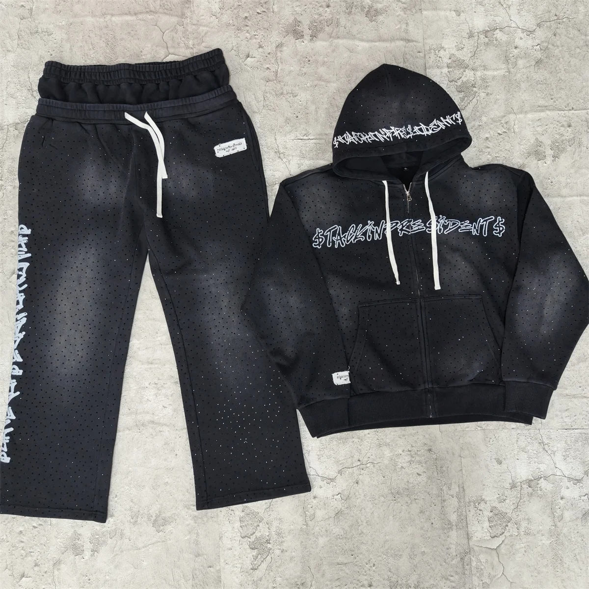 Custom Distressed Vintage Sweatpants and Hoodie Set Cropped Black Acid Wash Oversized Boxy Heavyweight Rhinestone Outfit