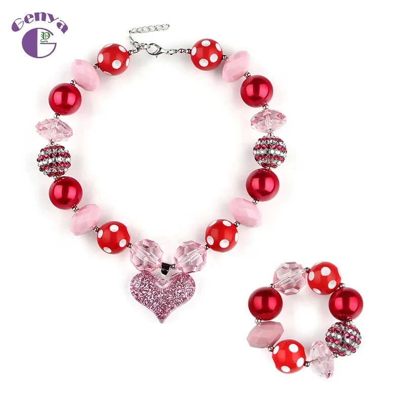 

Genya Shiny Heart Pendant Necklace Gumball Beads Bracelet Bubblegum Necklace Set Jewelry sets For Girls, As picture