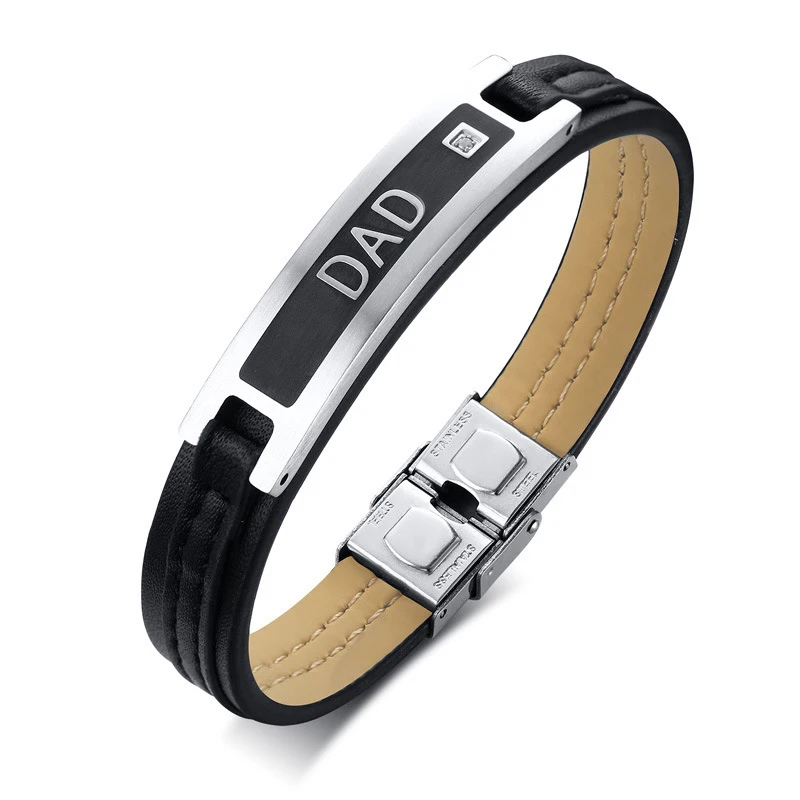 

wholesale men's hot-selling Stainless Steel Leather Bracelet with Single Zircon dad super fiber leather bracelet, Black brown